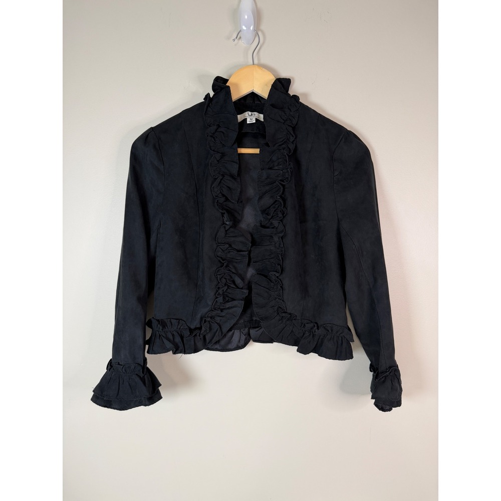 YA Los Angeles Medium Y2K Faux Suede Ruffle Cropped Jacket Bolero Shrug Gothic